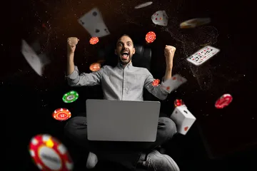 OMGBT Slots — Thousands of thrilling machines await A woman smiling by bright slot machines showing lucky symbols, showcasing the exciting slot offerings at OMGBT.